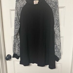 BC Black Waffle Knit Top with Snake-Print Sleeves